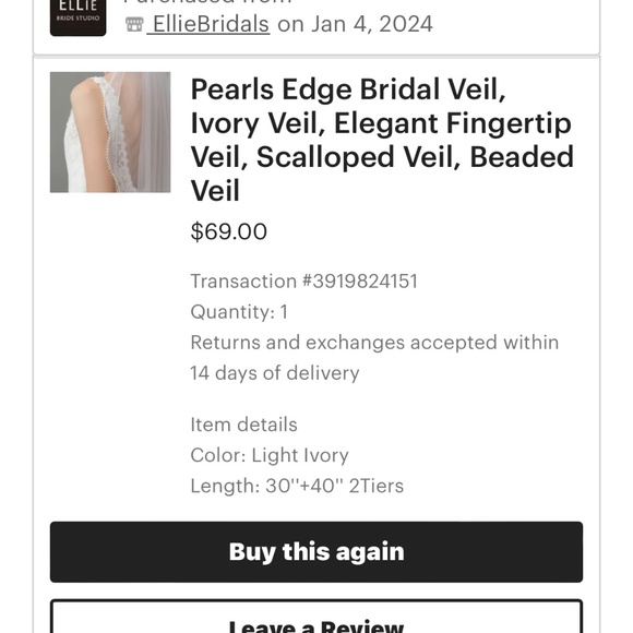 Etsy Light Ivory Pearl scalloped veil with blusher (30" and 40") - Picture 7 of 7